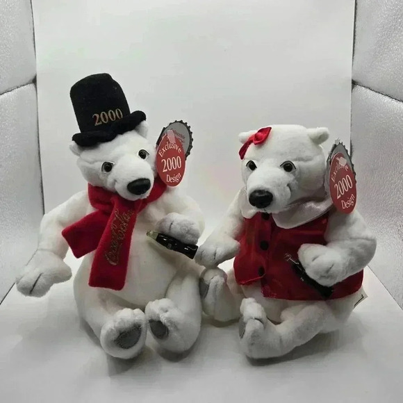 Vtg Coca-Cola Exclusive 2000 Polar Bear Plush Set Red & Black Attire Christmas - Picture 1 of 5